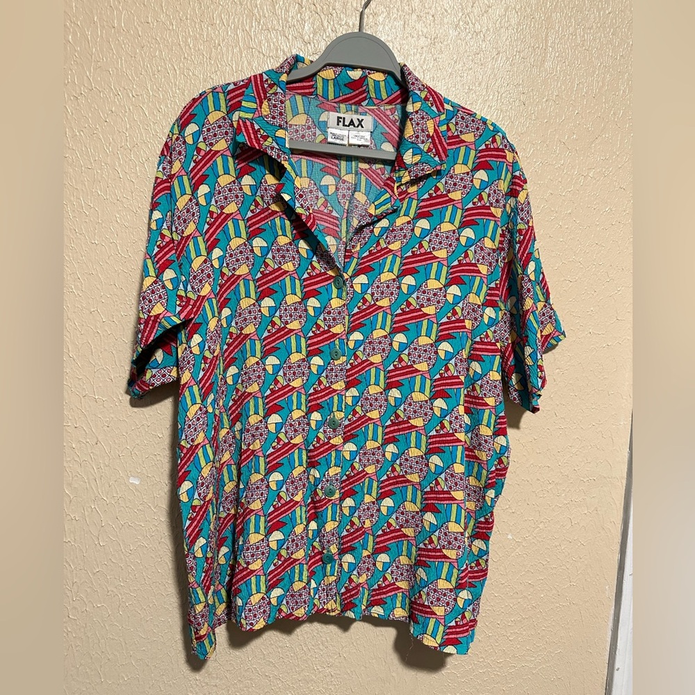 Flax Button Front Shirt Abstract Geometric Size Large